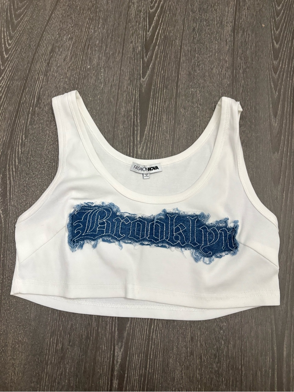 Fashion Nova White Ribbed Crop Tank with Blue Denim 'Brooklyn' Patch